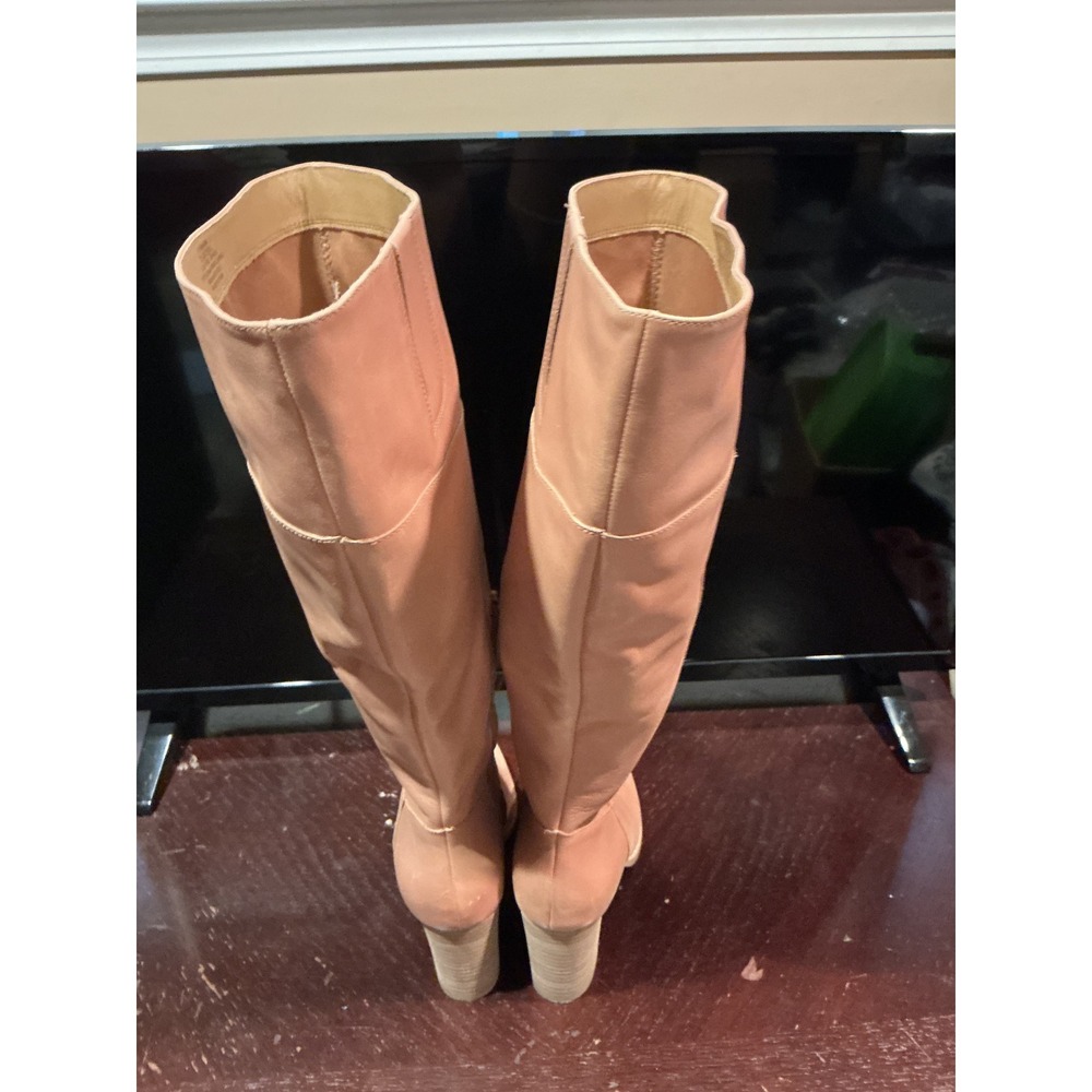 Crown Vintage Nude Tan Leather Knee High Pointed Toe Block Heel Boots Women 8.5M - Picture 4 of 6